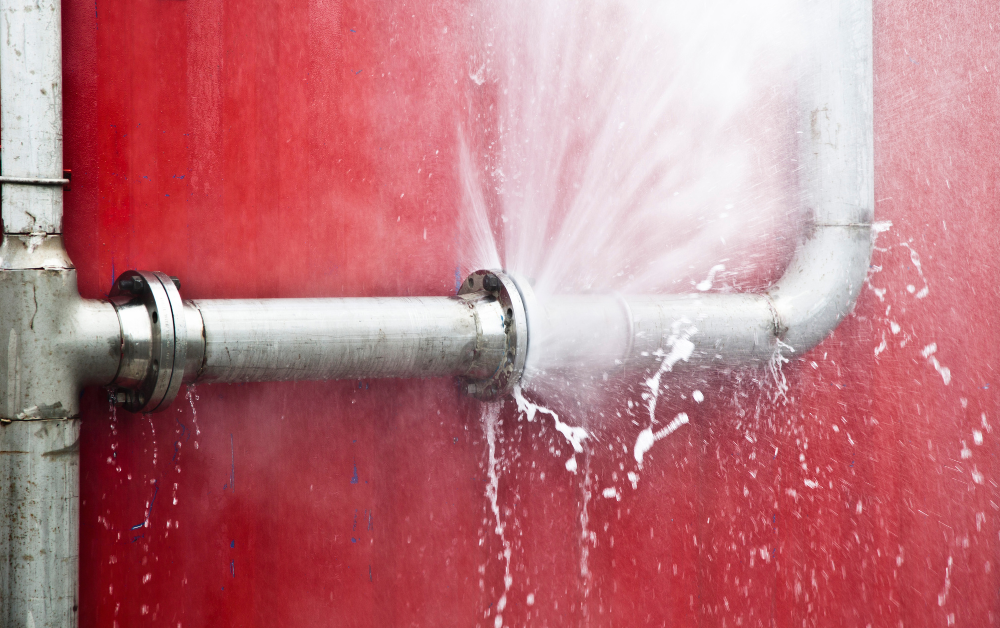 Burst pipe spraying water at a joint connection