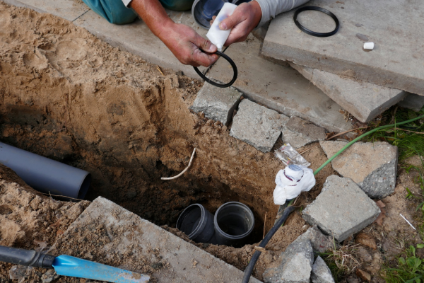 Plumber applying primer to ABS sewer pipe fittings during an underground drain line repair